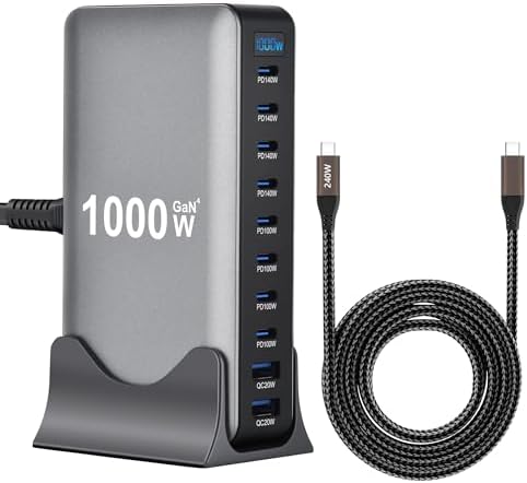 Famous Tech Shop 1000W GaN USB-C Charging Station Bundle, 10-Port Desktop Charger with 2 240W 4-in-1 Cables - Image 7