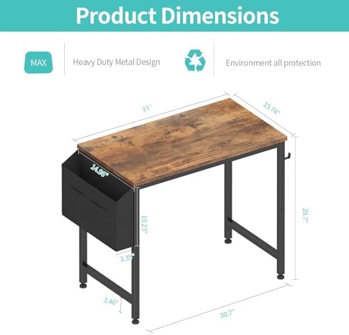 Lufeiya Small Desk for Small Spaces, 32 Inch Kids Girls Study Writing Desks for Bedroom, Simple Modern Laptop PC Little Side Table with Storage Bag Headphone Hooks, Rustic Brown - Image 3