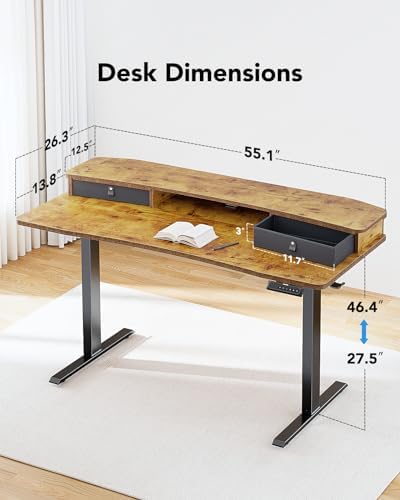 HUANUO 55″ x 26″ Electric Standing Desk with 2 Drawers, C-Clamp Mount Compatible, Height Adjustable Computer Desk, Home Office Stand Up Desk with 4 Preset Heights & 2 Hooks, Vintage Brown - Image 2