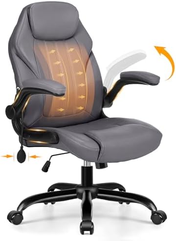 Ylzyxal Office Desk Chair, Ergonomic Computer Chair with Padded Flip-Up Arms and Adjustable Lumbar Support, PU Leather Executive Chair with Tilt Lock and 360° Swivel Rolling Wheels for Work, Study by Designedforcomfort