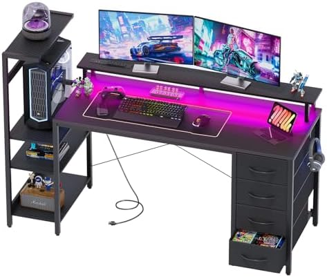 59in Gaming Computer Desk with Drawers & Power Outlet & LED Lights, Black by APICIZON