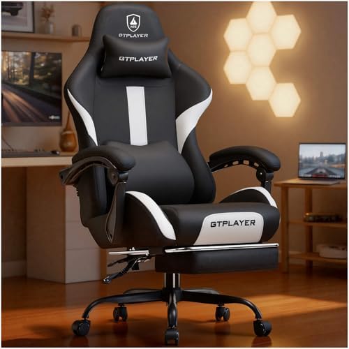 GTPLAYER Gaming Chair with Foot Rest & Pocket Spring Cushion, Ergonomic High Back Computer Desk Chair with Headrest & Lumbar Support for Back Pain Relief, Breathable Fabric, Black by GTPLAYER
