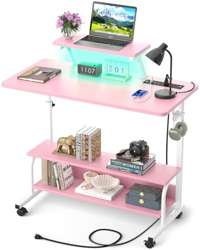 Height Adjustable Standing Desk with Power Outlets and LED Lights - 32" Manual Stand Up Desk with Monitor Stand and Storage Shelves Small Mobile Rolling Computer Desk Portable Laptop Table, Pink by Besiost