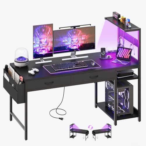 48 Inch Small Gaming Desk with Drawers & Led Lights & Storage Bag, Black by YOUDENOVA
