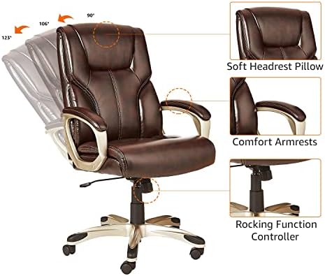 Amazon Basics Executive Home Office Desk Chair with Padded Armrests, Adjustable Height and Tilt, Rolling Swivel Chair, 275 Pound Capacity, Brown and Gold - Image 4
