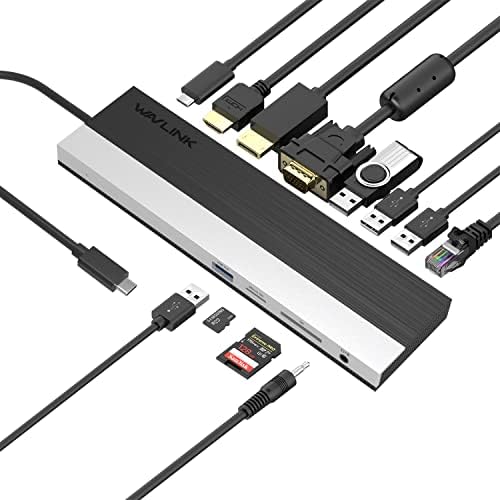 WAVLINK USB C Docking Station, 12-in-1 Triple Display Type C Adapter with HDMI, DisplayPort,VGA,Ethernet,2 USB 3.0/2.0,SD/TF Card Reader,3.5mm Audio Jack,100W PD3.0 for Mac Windows and More by WAVLINK%C2%AE
