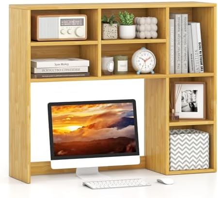GOFLAME 7 Cubes Desktop Bookshelf, 37” Desk Organizer Shelf with 3 Adjustable Shelves, 3-Tier Wood Countertop Display Rack, Multipurpose Tabletop Desk Hutch for Dorm, Home Office, Burlywood by GOFLAME