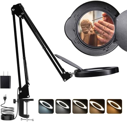 15X Magnifying Glass Desk Lamp with Clamp, Real Glass Lens with Dust Cover, 84 LEDs, 5 Color Modes, 10 Brightness Dimmable, Long Flexible Swing Arm Magnifier for Reading, Crafting, Repair, Close Works by Tioneger