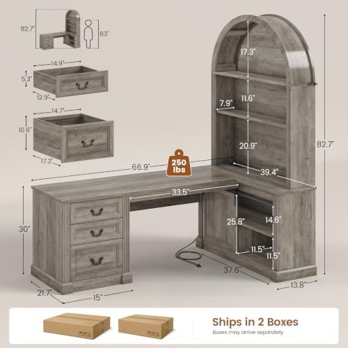 SEDETA 67" L Shaped Desk with Tall Arched Bookshelf & 3 Drawers Storage - Image 2