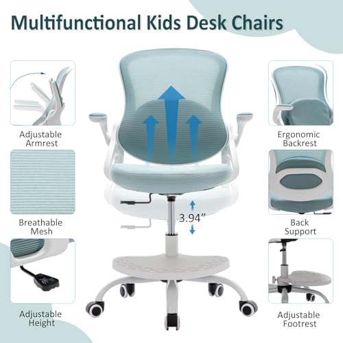 Kids Desk Chair,Ergonomic Study Chair with Adjustable Height,Swivel Mesh Desk Chair with Wheels,Home Office Chair for Children in Home Bedroom Blue - Image 3
