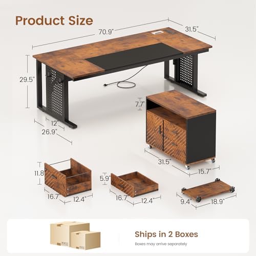 SEDETA 71" Executive Desk with Rolling File Cabinet, Large Office Desk with Drawers, L Shaped Computer Desk with Power Outlets, CPU Stand, Pegboard and Storage Shelves, Rustic Brown - Image 2