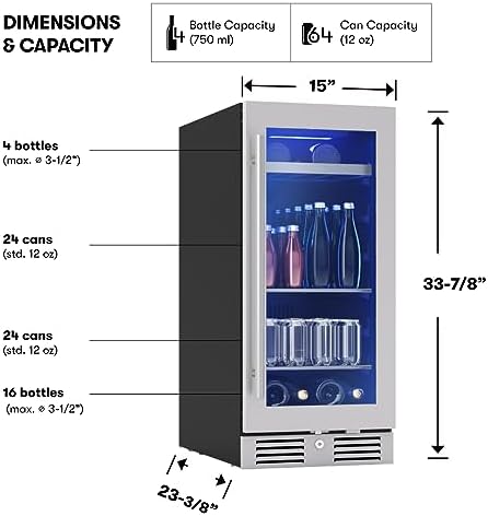 Zephyr Presrv 15" Slim Wine Fridge & Beverage Refrigerator Single Zone Under Counter - Narrow Mini Wine Cooler Small Beer Cabinet Drink Chiller Freestanding with Glass Door, 4 bottles, 64 cans - Image 3