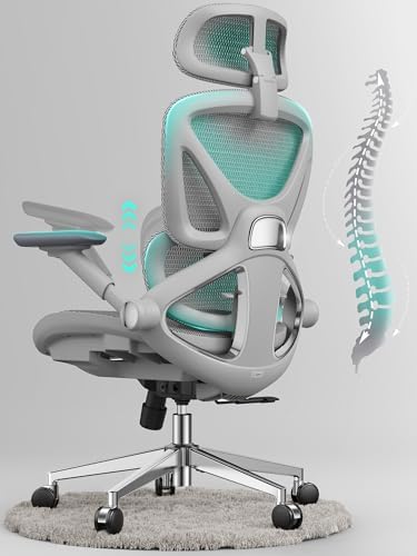 CAPOT Ergonomic Mesh Office Chair, Adjustable Lumbar High Back Desk Chair 400lbs, 4D Flip-up Arms, 3 Tilt Backrest, 3D Headrest, PU Wheels, Swivel Rolling Computer Seating for Long Desk Work - Grey by CAPOT