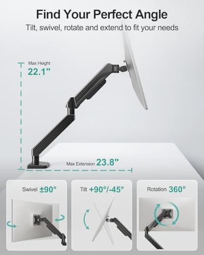 MOUNT PRO Ultrawide Single Monitor Arm for 22"- 42" Screens, Monitor Desk Mount Stand Holds up to 33 lbs, Heavy Duty Fully Adjustable Gas Spring Desk Mount, VESA Mount with Clamp/Grommet Base - Image 3