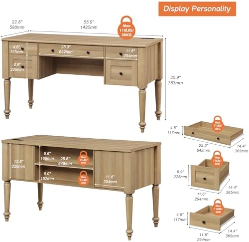 WAMPAT Farmhouse Executive Desk with Drawers, 56 Inch Writing Desk, Oak - Image 2