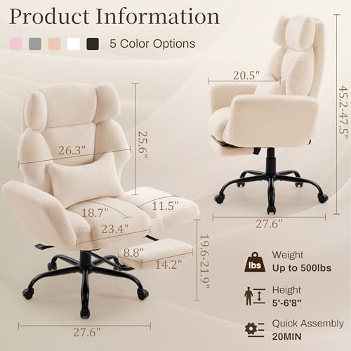 Office Chair with Flip Armrests,Big and Tall Office Chair with Foot Rest,Extra Wide Seat & Lumbar Pillow,Ergonomic Computer Gaming Chair,Comfy Criss Cross Chair for Pets Sitting,Teddy Fleece,Beige - Image 2