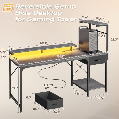 PRAISUN 55.1 Inch Gaming Desk with LED Lights & Power Outlets - Image 3