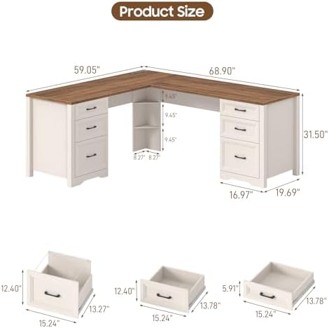 Vabches Wood L Shaped Executive Desk with 6 Drawers, Farmhouse Home Office Desk with Power Outlets and Triangle Under-Desk Storage Shelf & Drawer File Cabinet, Corner Computer Desk, Brown - Image 2