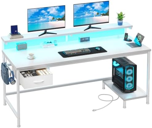 DurayLoly 47.2" Computer Desk with Power Outlet & Fabric Drawer,White by Durayloly