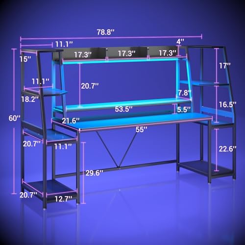 SEDETA 79'' Gaming Desk with LED Lights, Hutch and Storage Shelves, Black - Image 2