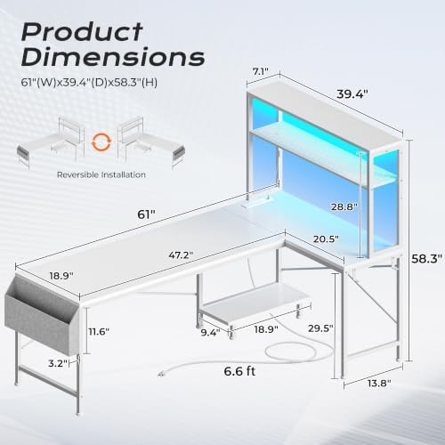 PRAISUN L Shaped Gaming Desk with LED Lights & Power Outlets - Image 2