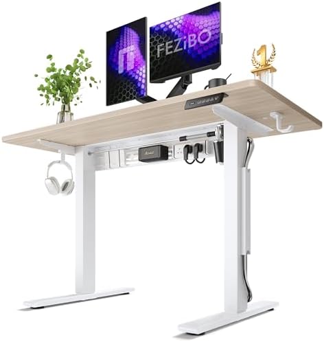 FEZIBO Electric Standing Desk with L-Shaped Crossbar & Cable Management System, 48 x 24 Inches Sit Stand up Desk, Adjustable Height Standing Desk for Home Office, Light Walnut by FEZIBO