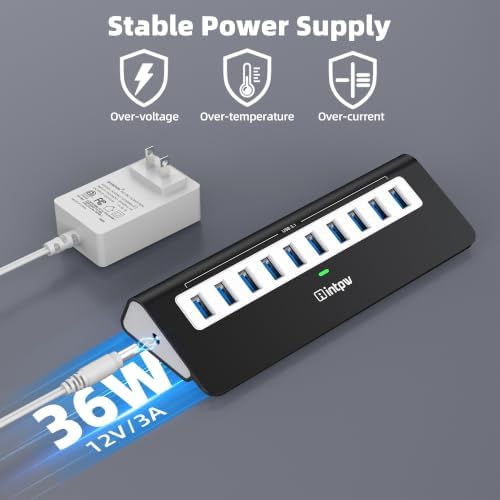 Powered USB Hub, intpw 10 Port USB 3.1 Hub with 10Gbps Data Transfer, 36W(12V/3A) Power Adapter, USB Type A and Type C Cable, Grey USB Hub for Laptop, MacBook and Desktop Computer - Image 7