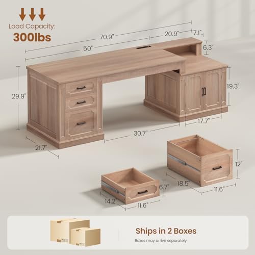 SEDETA Farmhouse 70.9" Executive Desk, Home Office Desk with File Drawers and Storage Cabinet, Computer Desk with Power Outlet for Home Office, Work Study Writing, Oak - Image 2
