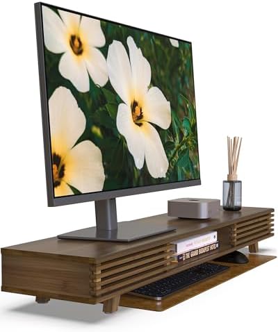 42" Dual Monitor Stand with Sliding Doors Desk Shelf Dark Bamboo by WELLWENG