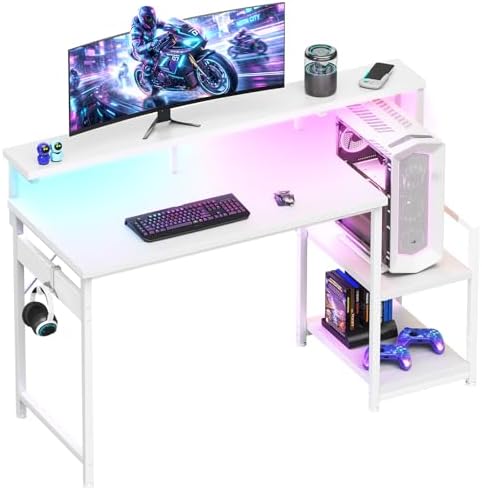 AODK 48 Inch Gaming Desk with LED Lights & CPU Stand, White by AODK