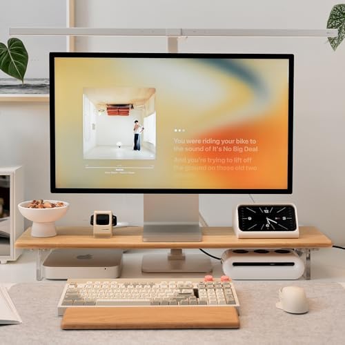 Bamboo Monitor Stand Riser, Natural Desk Shelf with Acrylic Legs by Rocdeer