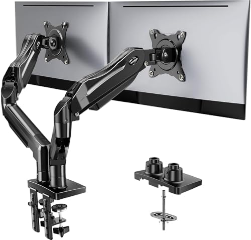 HUANUO FlowLift™ Dual Monitor Stand, Fully Adjustable Gaming Monitor Desk Mount for 13–32″ Computer Screens, Full Motion VESA 75x75/100x100 with C-Clamp & Grommet Base, Each Arm Holds 4.4 to 19.8 lbs by HUANUO