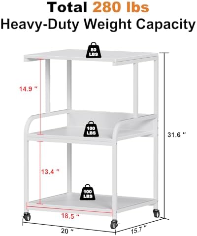 EasyCom Printer Stand- Large 3 Tier Printer Table with Wheels- Industrial Printer Storage Cart- Rolling Printer Cart with Storage Shelf for Printer Scanner Fax Home Office Use- White - Image 3