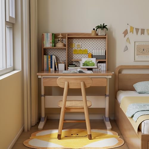 YESWOOD 21-30'' Height Adjustable Study Desk with Hutch, Beech Manual Crank Sit Stand Up Desk, 39'' Ergonomic Adjustable Small Low Desk with Pegboard & Shelf Hutch for Reading Writing Creative Moments - Image 3