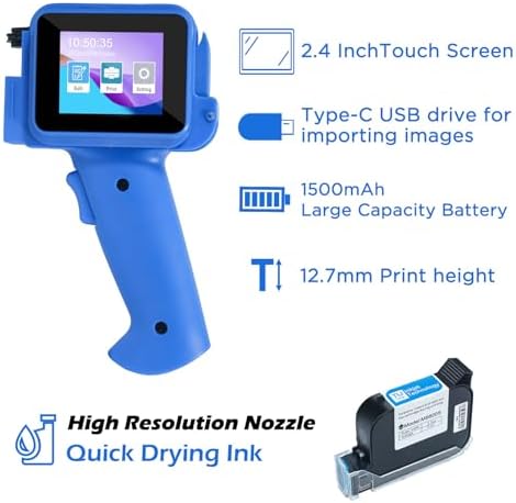 Handheld Inkjet Printer with 42ml Quick-Drying Ink Cartridge, 0.5 Inch Nozzle Ink Jet Coding Machine for EXP Date/Batch Number/QR Code/Barcode/Logo/Text (ZM-C12mini) (Blue) - Image 5