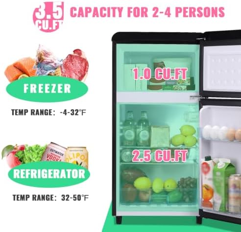 DEMULLER 100L Black Mini Fridge 2 Door Compact Refrigerator with Freezer, Small Refrigerator with 7 Adjustable Temperature Control, 2 Removable Glass Shelves and 1 Crisper Drawer - Image 3