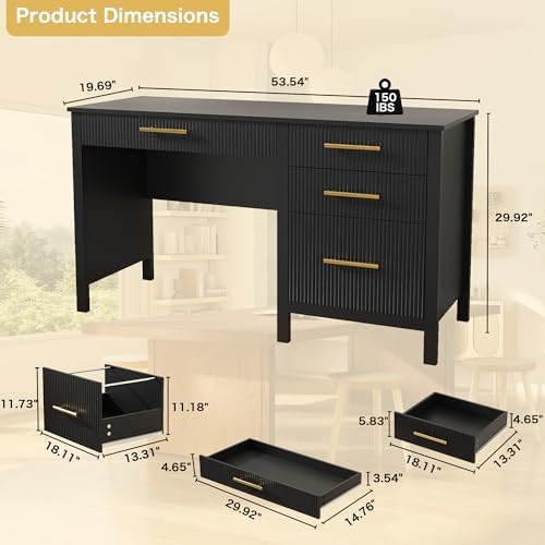 Executive Desk with Drawers: 54" Black Home Office Desks with File Drawer - Image 2