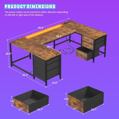 DurayLoly 67" Large Gaming Desk with Power Outlets for Bedroom,Brown - Image 2