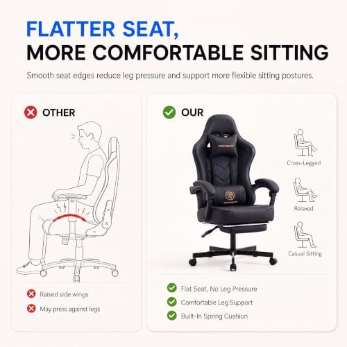 Desk Computer Gaming Chair - High Back Ergonomic Office Chair with Footrest and Lumbar Support, Swivel Comfy Home Gamer Video Game Chairs with Pocket Spring Cushion for Adults (Black Leather) - Image 4