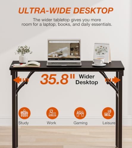 Folding Table Computer Desk - 35.8" No Assembly Folding Desk Design and Foldable Office Desk, Small Desk for Bedroom, Compact Storage Portable Use for Dorm and RV Small Space, Dark Oak - Image 5