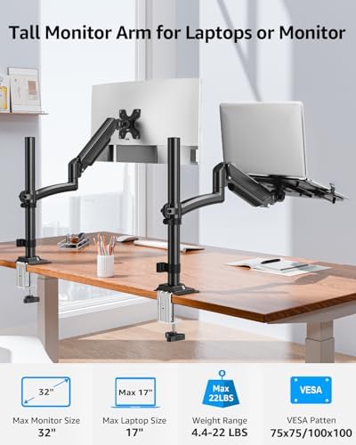 MOUNTUP Laptop Desk Mount, Adjustable Laptop Stand for max 17" Notebook or 32" Monitor, Laptops Arm Mount for Desk Holds 4.4-22lbs, Tall Laptops Stand with Clamp/Grommet - Image 2