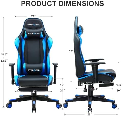 GTPLAYER Gaming Chair with Footrest, Ergonomic Computer Game Desk Chair, Reclining Gamer Chair Seat Height Adjustment, Swivel Rocker with Headrest and Lumbar (Blue) - Image 2