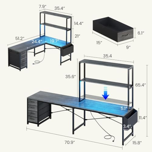 SEDETA L Shaped Gaming Desk, 51.2" Reversible Small Corner Desk with 4 Drawer, Power Outlet & LED Lights, Home Office Desk with Storage Shelves for Small Space, Gray - Image 2