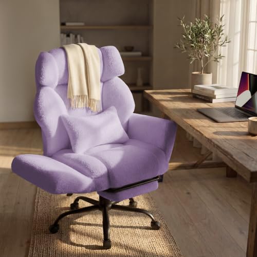 Office Chair with Flip Armrests,Comfy Criss Cross Chair for Pets Sitting,Big and Tall Office Chair with Foot Rest,Extra Wide Seat & Lumbar Pillow,Ergonomic Computer Gaming Chair,Teddy Fleece,Purple by SOFAYONN
