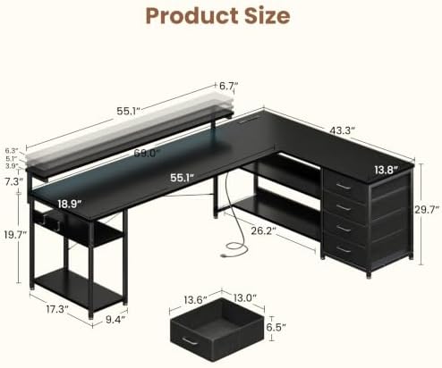 AODK 69" L Shaped Computer Desk with 4 Drawers, LED Lights, Black - Image 3