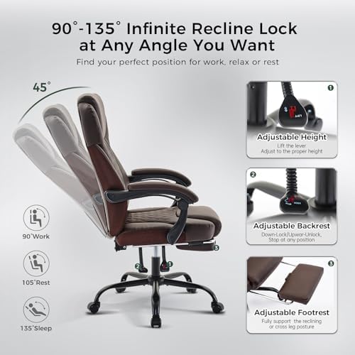 amseatec Big and Tall Office Chair with Footrest, Lumbar Support, Brown - Image 6