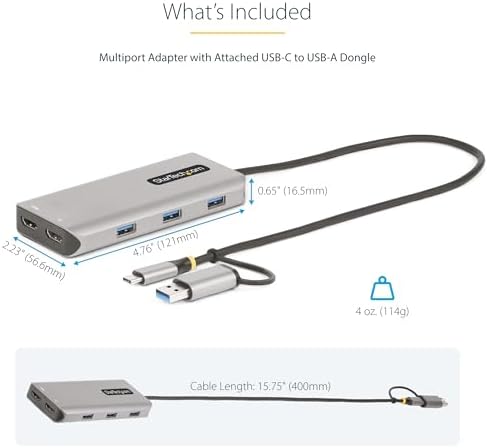 StarTech USB-C/A Dual-HDMI Adapter, 4K 30Hz and 1080p, 3X USB-A 5Gbps Hub - Image 6