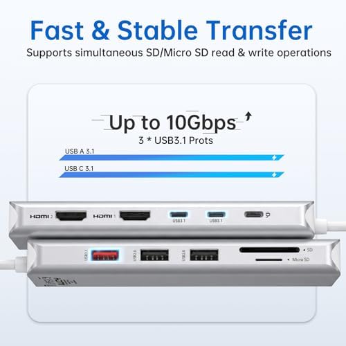 USB C Laptop Docking Station Dual Monitor Dual HDMI 4K DP Triple Display Hub, 13 in 1 MOKiN USB C Hub with 3 Monitors, DisplayPort, USB 3.1, RJ45, 100W PD, Card Reader, Audio/Mic, for Dell HP, Sliver - Image 5