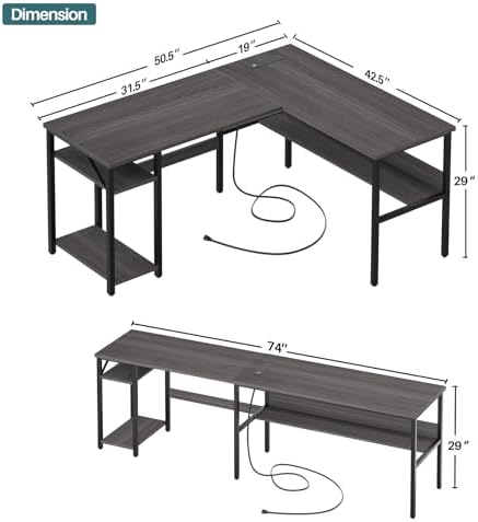 Unikito Reversible L Shaped Desk with Magic Power Outlets and USB Charging Ports, Sturdy Corner Computer Desk with Storage Shelves, Gaming Table Home Office Desk, Easy to Assemble, Enoch Walnut - Image 3
