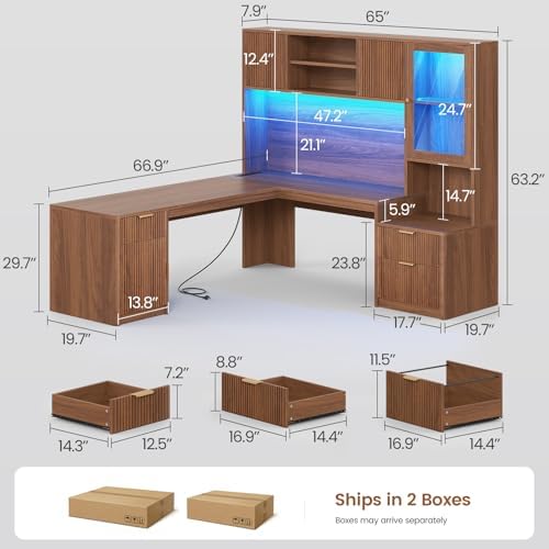 SEDETA 67" x 65" L Shaped Desk with Hutch, RGB LED Corner Computer Desk with Power Sockets, Fluted Home Office Desk with File Drawer, Storage & Glass Display Cabinets for Gaming & Working, Brown - Image 2